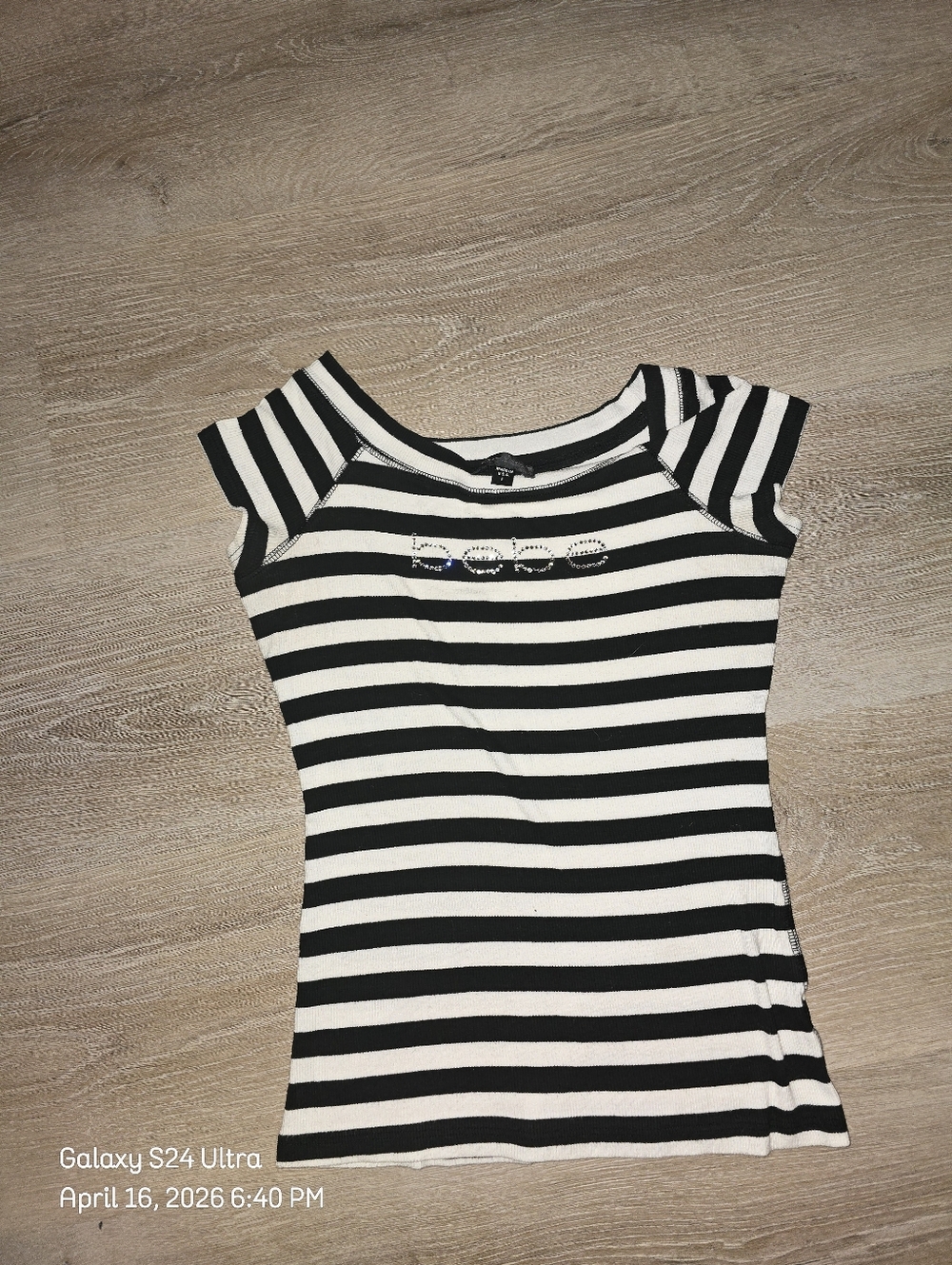 bebe Vintage Striped Rhinestone Logo Shirt Sz L Stretch Black/White